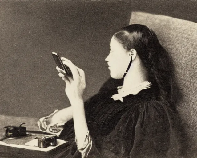 Image similar to an early 1800s photo of someone watching tiktok on their iphone wearing airpods