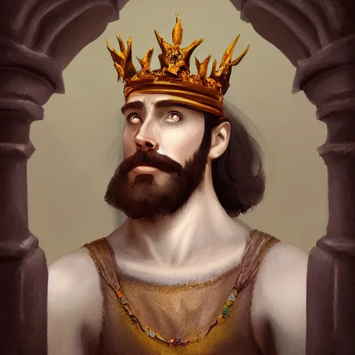 Image similar to a painting of a man wearing a crown, a character portrait by rajmund kanelba, polycount contest winner, renaissance, d & d, detailed painting, storybook illustration