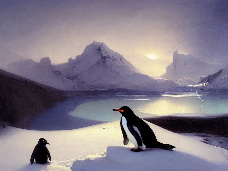 Prompt: an oil painting of a penguin next to a frozen ocean and a misty glacier at dusk. aurora. by tuomas korpi moebius and carl spitzweg. baroque elements. intricate artwork by caravaggio. oil painting. oil on canvas. award winning. dramatic. trending on artstation. 8 k