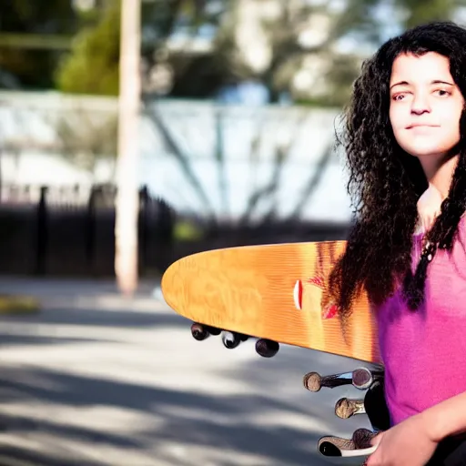 Image similar to a girl with curly black hair holding a skateboard, Backlighting