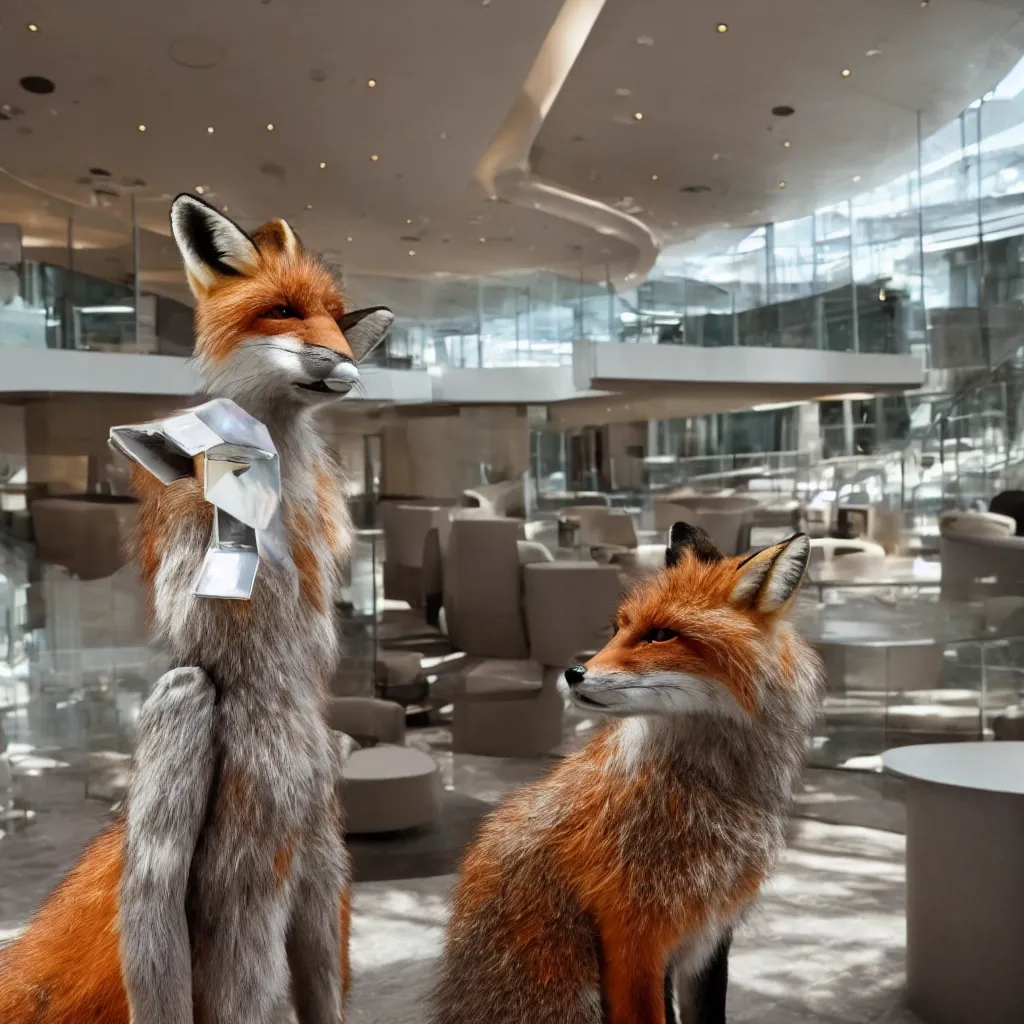 Prompt: anthropomorphic fox in suit sitting in the lobby of a futuristic hotel, anthro, furry