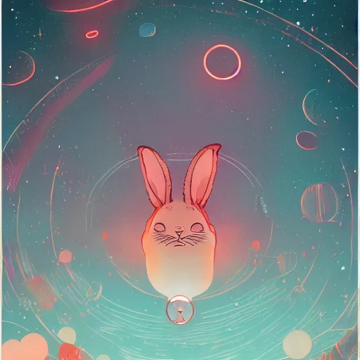 Image similar to A rabbit full of hope, looking for a black hole in an infinite time loop by Victo Ngai and Ghibli andlisk feng and atey ghailan