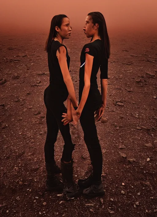 Image similar to cinestill 5 0 d photographic portrait of two loving female androids wearing rugged black techwear standing in front of a brutalist structure on a desolate plain with a red sky, extreme closeup, cyberpunk style, dust storm, 8 k, hd, high resolution, 3 5 mm, f / 3 2, ultra realistic faces, ex machina