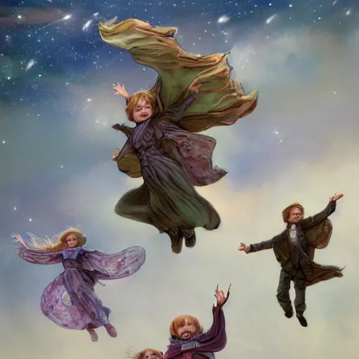 Prompt: realistic detailed children flying through the stars by emilia dziubak, will terry, greg olsen, chris mars, ann long, and mark brooks, dramatic, fairytale, art nouveau, victorian, neo - gothic, gothic, character concept design, storybook design