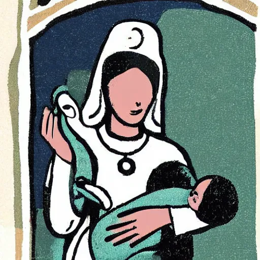 Image similar to midcentury modern illustration of 80 year old sentimental Mediterranean skinned woman in ancient Canaanite clothing holding a newborn baby, crying, awe, love, ancient interior tent background