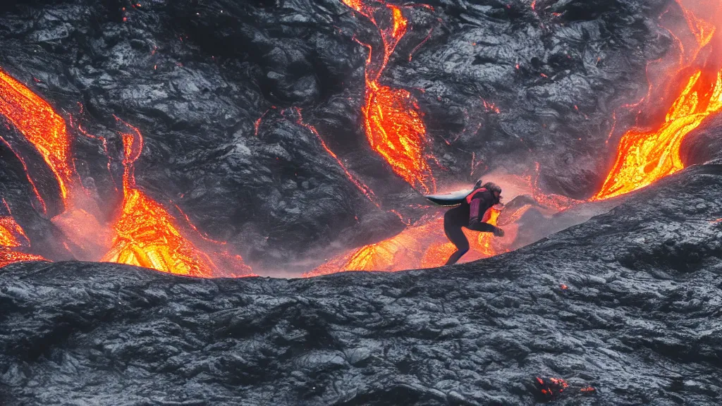 Prompt: medium shot of a person wearing a sponsored team jersey surfing down a river of lava on the side of a volcano on surfboard, action shot, dystopian, thick black smoke and fire, sharp focus, medium shot