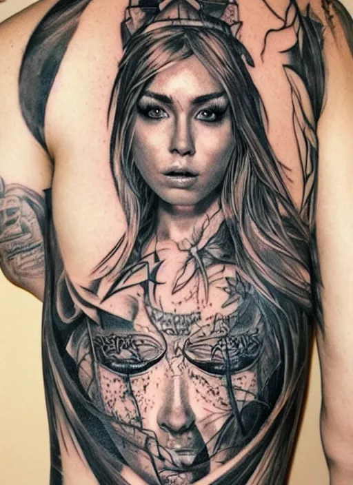 Image similar to tattoo design of a hyper - realistic beautiful girl warrior, hyper detailed, in the design of eliot kohek, on white background