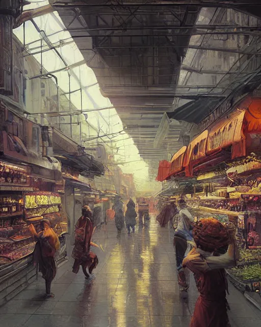 Image similar to a highly detailed epic cinematic concept art CG render digital painting artwork: Tokyo city market. By Greg Rutkowski, in the style of Francis Bacon and Syd Mead and Norman Rockwell and Beksinski, open ceiling, highly detailed, painted by Francis Bacon and Edward Hopper, painted by James Gilleard, surrealism, airbrush, Ilya Kuvshinov, WLOP, Stanley Artgerm, very coherent, triadic color scheme, art by Takato Yamamoto and James Jean