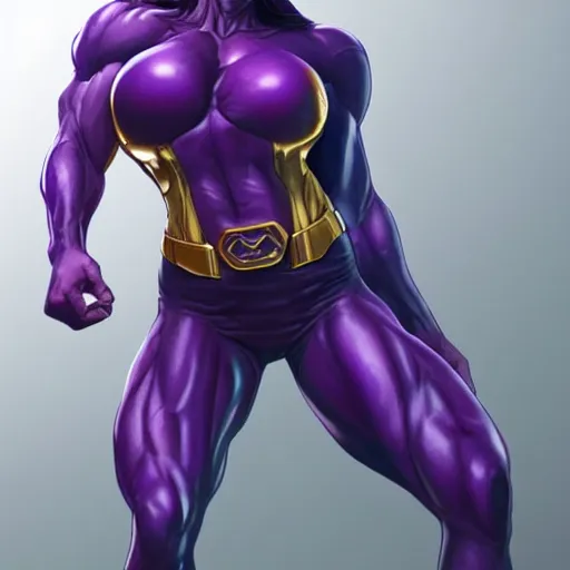 Image similar to thanos as a muscular woman, highly detailed full body portrait, elegant, breathtaking art, by artgerm