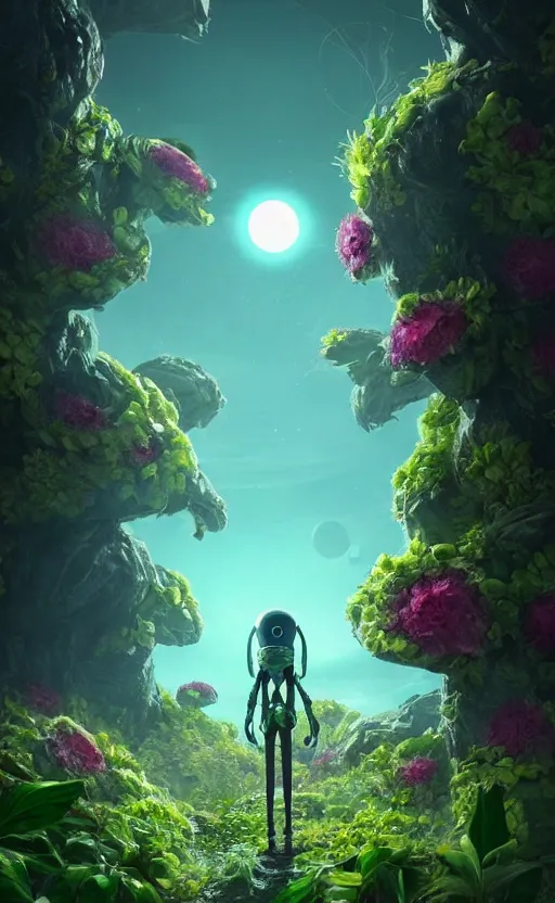 Image similar to a plant creature, plant filaments and flowers, walking on an alien planet with aliens plants, looking at an alien breathtaking landscape, cinematic lighting, concept art, artstation