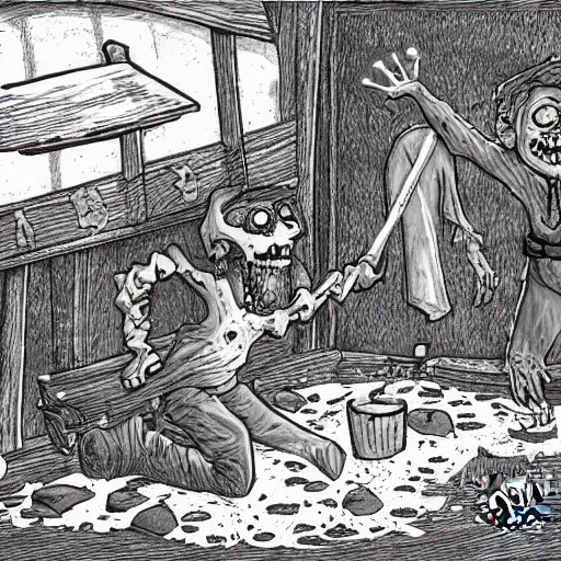 Prompt: a zombie puts out a bowl of soup as a trap for adventurers looking to loot his fake corpse, but they walk right past it and into a pitfall while he laughs at them from behind the bushes, digital art