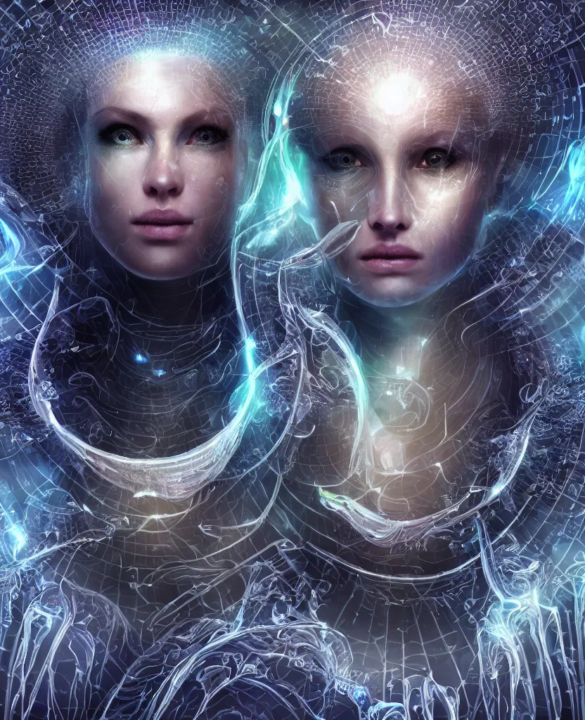 Image similar to epic futuristic ancient close-up macro portrait of the face of a beautiful princess, epic angle and pose, symmetrical artwork, 3d with depth of field, blurred background, cybernetic jellyfish crystal, obsidian, female face skull phoenix bird, translucent, nautilus, energy flows of water and fire. a highly detailed epic cinematic concept art CG render. made in Maya, Blender and Photoshop, octane render, excellent composition, cinematic dystopian brutalist atmosphere, dynamic dramatic cinematic lighting, aesthetic, very inspirational, arthouse. y Greg Rutkowski, Ilya Kuvshinov, WLOP, Stanley Artgerm Lau, Ruan Jia and Fenghua Zhong