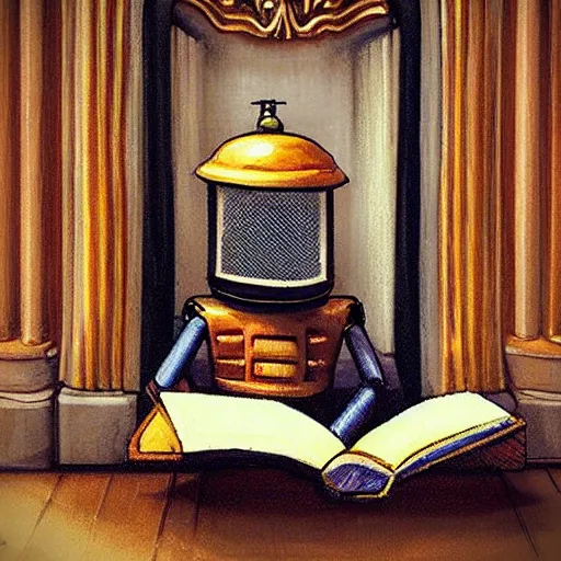 Image similar to “a lonely robot reads a book near a fireplace in a Victorian home.”