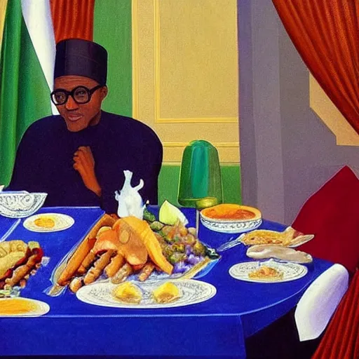 Image similar to president muhammadu buhari sitted at a lavish banquet with shiny trays and dishes with food minimalist solid background the great feast regal ornamental, iridescent in the style of edward hooper and henri matisse oil painting