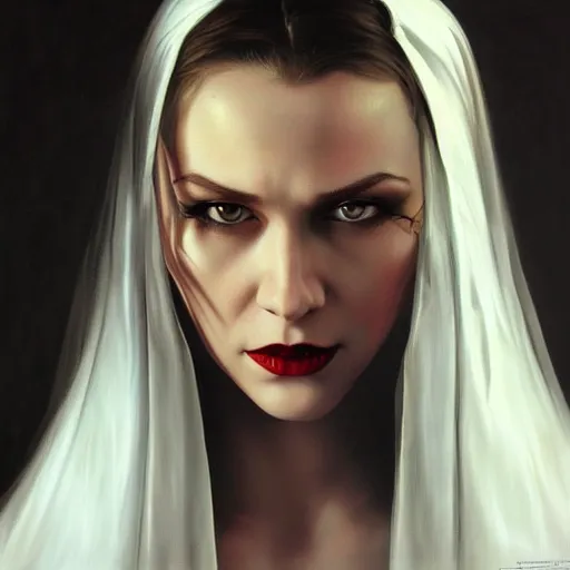 Image similar to close up face of a beautiful bond female VAMPIRE portrait, oil on canvas, artgerm, norman rockwell, craig mulins, trending on pxiv,