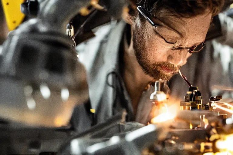 Image similar to cinematography closeup portrait of a Man soldering repairing robot parts in his garage by Michael Bay