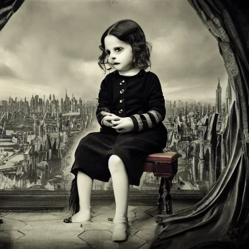 Image similar to a photo of young sad victorian gothic child with big eyes and wide grin sitting on a sofa of bones surrounded by a cyber futuristic cityscape made of human body parts, ultra detailed, 8 k resolution, beautiful lighting, expansive detailed layered city, landscape, sigma 8 5 mm, award winning photography