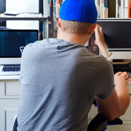 Prompt: back of short college guy with short blonde hair wearing a blue baseball cap sitting in a chair typing an essay on a laptop