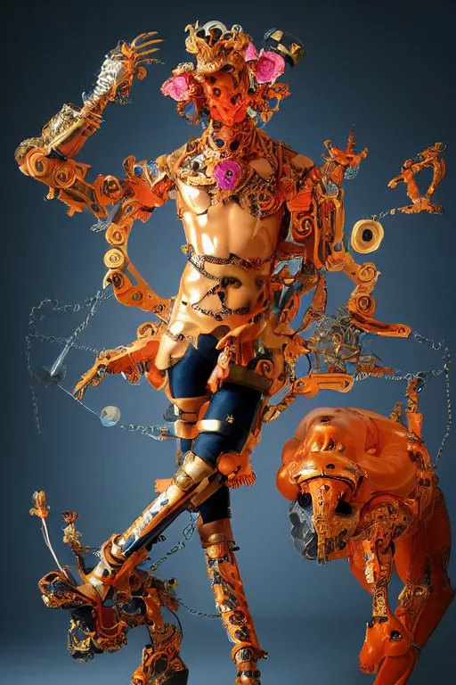 Image similar to full-body rococo and cyberpunk style sculpture of a young handsome Spanish prince half android with a chest exposing a glowing orange gem wearing high heel red boots, glowing pink laser eyes, crown of blue gears and giant diamonds, swirling salmon-colored silk fabric, robotic raptors dinosaurs. baroque elements. full-length view. intricate artwork by caravaggio. Trending on artstation, octane render, cinematic lighting from the right, hyper realism, octane render, 8k, depth of field, 3D