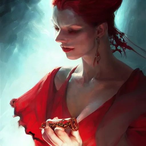 Image similar to a beautiful artwork of a scarlet sorceress performing magic, by raymond swanland and jesper ejsing, featured on art station, lighting study, concept art, beautiful composition, rim light