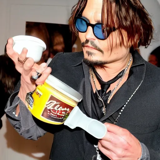 Prompt: Johnny Depp eating mayonnaise directly out of a jar with his hand