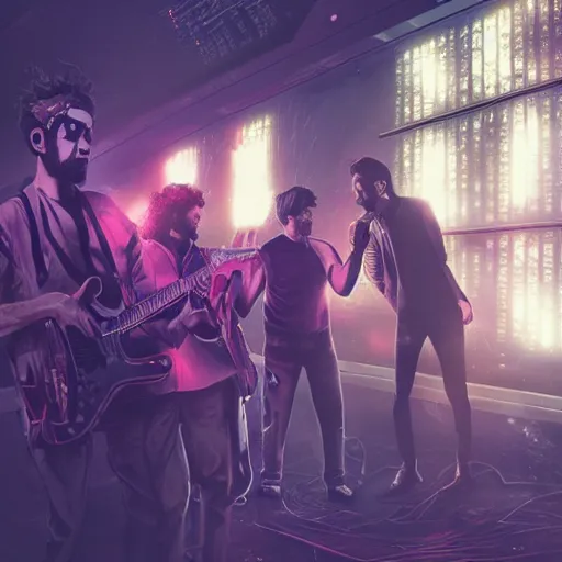 Prompt: found footage of a band in the year 3 0 0 0 s finding a new note, in liminal space, cyberpunk, film grain, dark lighting, realistic, photgraph, silent hill style, detailed cinematic lighting