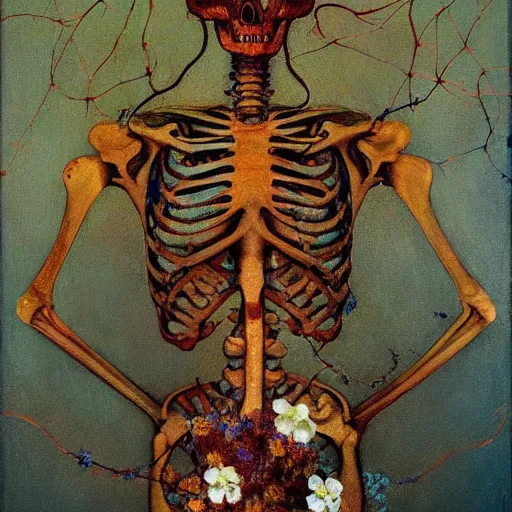 Image similar to 'Life from death' A beautiful detailed aesthetic horror portrait painting depicting 'A skeleton with vines and flowers growing all over it, birds and bees flying all around it' by Odilon Redon, Trending on cgsociety artstation, 8k, masterpiece, cinematic lighting.