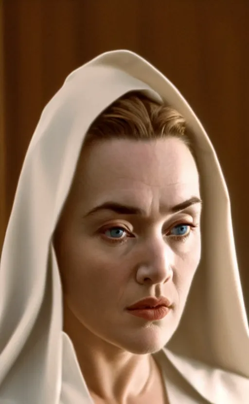 Image similar to kate winslet as a nun in her childhood days, intricate, cinematic lighting, highly detailed, canon 3 5 mm photography, horizontal symmetry, smooth, sharp focus