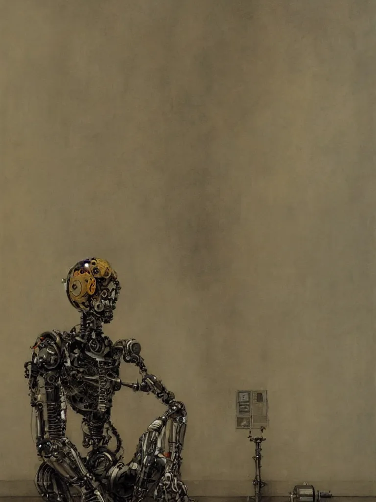 Image similar to full-length portrait of a singular old mechanical humanoid robot who is very sadly sitting in the corner of an empty room, by Esao Andrews, sharp focus, fresh colors, moody light, shallow depth of field, deviantart, conceptart