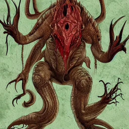 Image similar to big butcher anthro lizardfolk posing scarily, scary angry pose, covered in blood, fresh kill, cleaver, in a forest, earie setting, lovecraft, eldritch, horror, hyperdetailed