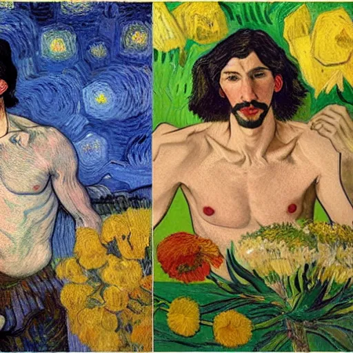 Prompt: body portrait of shirtless adam driver as a florist, holding flowers, long shot, painted by van gogh and gauguin