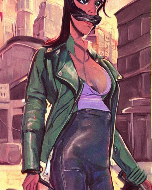 Image similar to young female protagonist in leather jacket, city street, artwork by ralph bakshi