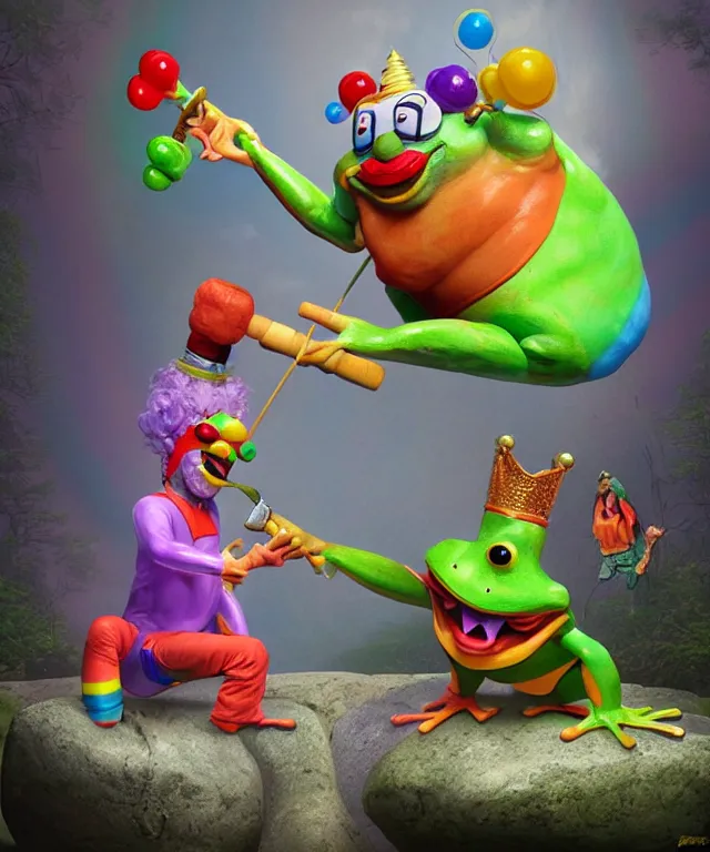 Image similar to clown frog king pulls the sword from the stone, clown frog king wearing clown makeup and rainbow wig, clown crown artwork by Todd Schorr, 3D rendering by Beeple