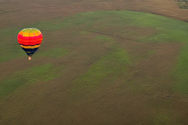 Image similar to aerial photography, scotland, hot air balloon shaped like a hamburger, dusk