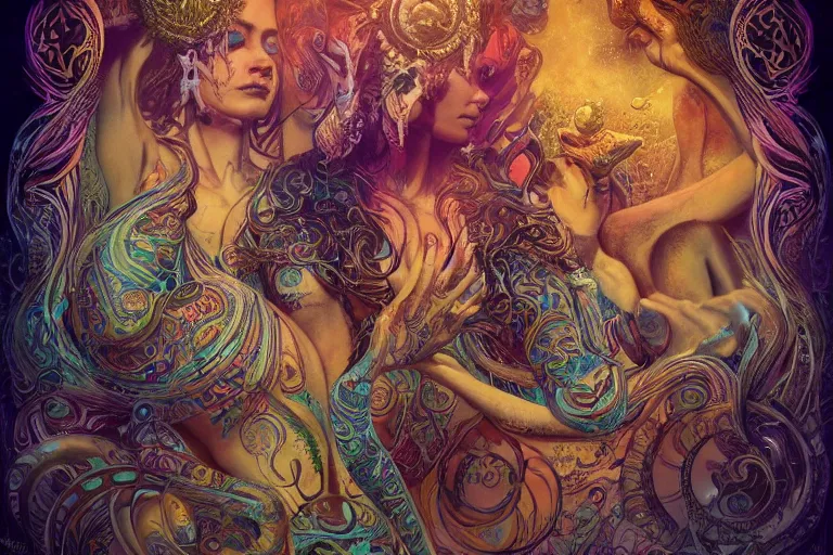 Image similar to a centered render of a alluring festival hippies with tribal tattoos surrounded by a underwater ink pour and flowing liquid galium and sacred geometry, perfect body face and hands, powerful, cinematic, beautifully lit, by artgerm, by karol bak, by donato giancola, by boris vallejo, 3 d, trending on artstation, octane render, 8 k