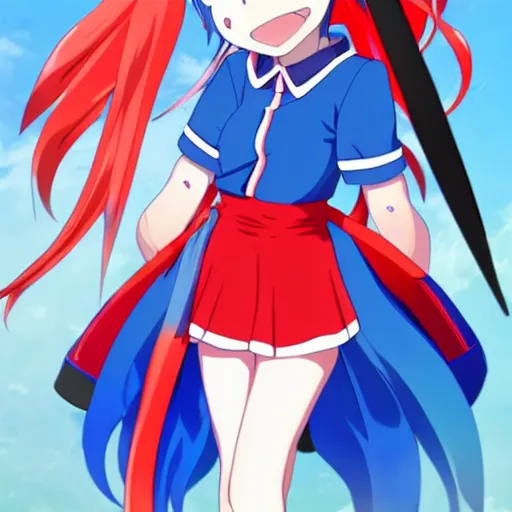 Image similar to anime girl with fark blue hair with a red streak, she is smiling, confident, wearing a school uniform, you can see her belly the top has anime demon eyes, she wear sneakers and she is holding a giant iron red half scissor