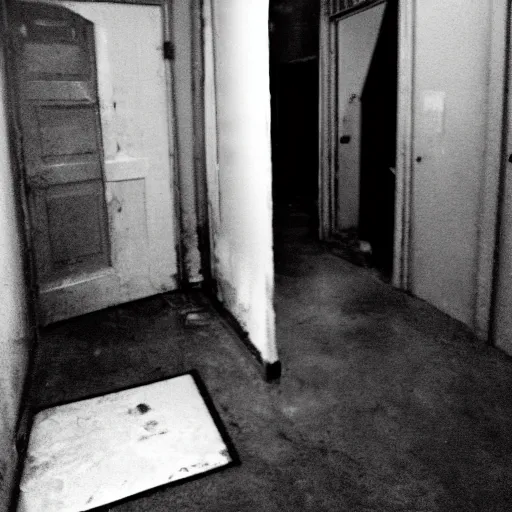 Image similar to creepy backrooms, disproportional creature standing in the hall, horror image, cctv footage, black and white, grayscale