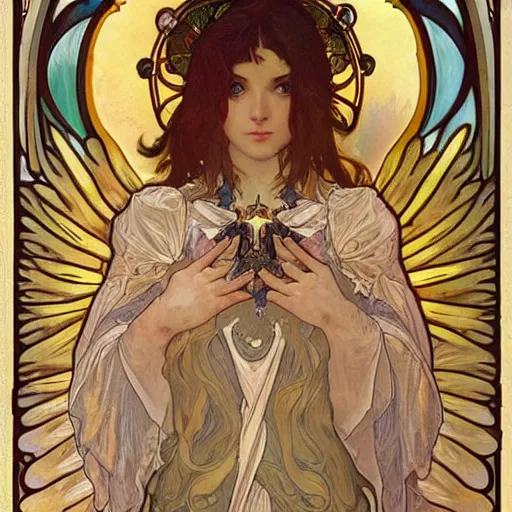 Image similar to seraphim with 6 wings covered in eyes, trending on artstation, by alphonse mucha