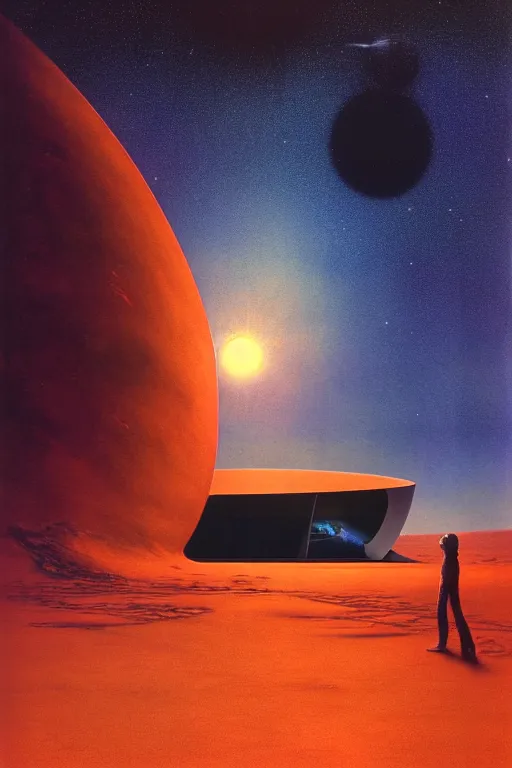 Image similar to emissary deep space by arthur haas and bruce pennington and john schoenherr, cinematic matte painting, zaha hadid and james turrell building, photo realism, dark color palate, golden hour stars, desolate desert landscape,