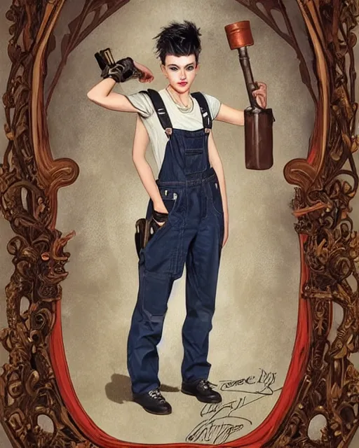 Prompt: a full body portrait beautiful androgynous punk girl with short hair and beautiful eyes, beautiful face, who is a mechanic wearing overalls with a utility bag, digital concept art, detailed digital painting, ornate decorative background, very aesthetic!!!!!!, by j. c. leyendecker and edward blair leighton and charlie bowater, trending on artstation