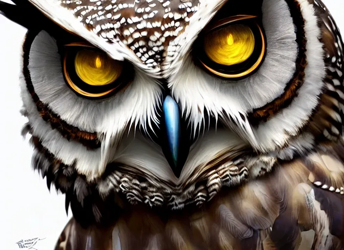 Image similar to portrait of an owl, highly detailed, d & d, fantasy, highly detailed, digital painting, trending on artstation, concept art, sharp focus, illustration, global illumination, ray tracing, realistic shaded, art by artgerm and greg rutkowski and fuji choko and viktoria gavrilenko and hoang lap