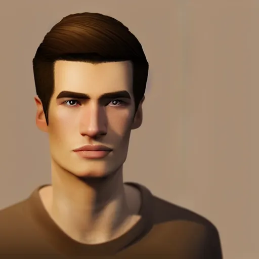 Prompt: tall man in his twenties with brown blond short quiff hair and thin slightly round facial structure with cleft chin, straight eyebrows and prominent nose, good definition of cheekbones, big hazel nut brown eyes, narrow face, slim body, atmospheric lighting, unreal engine 5, minecraft, highly detailed by charlie bowater