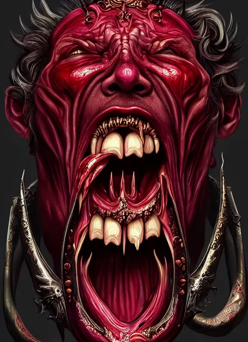 Image similar to incubus sticking out tongue with blood, realistic, surealism, lavish, steep, aesthetic, extravagant, shiny, fantasy, intricate, elegant, extremely higly detailed, digital painting, artstation, ornate, grotesque, baroque, concept art, smooth, sharp focus, by joongwon charles jeong and diego fazio