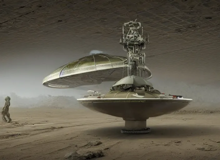 Prompt: engineer repairs special flying saucer full of modern military equipment, in the hall of area 55, high detail, ground fog, wet reflective ground, saturated colors, by Darek Zabrocki, render Unreal Engine-H 1500