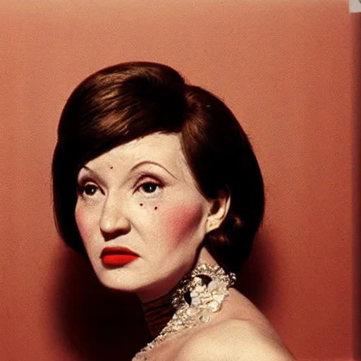 Prompt: glamorous woman with a bulbous spherical prosthetic nose, circular cardboard eyes, 1 9 7 2, color, fassbinder, medium - shot 1 6 mm film, interior