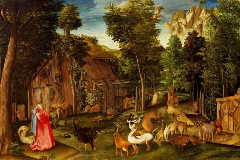 Image similar to a mistic fa forest with many animals, with a old house, in entrance of the house and old woman rocking in a rocking chair.renaissance painting style.high detail painting