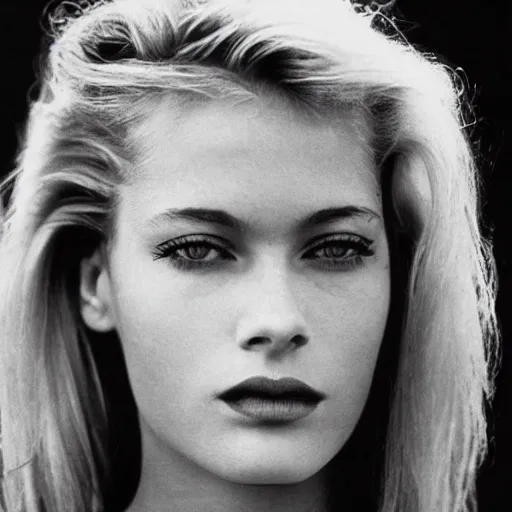 Prompt: black and white vogue closeup portrait by herb ritts of a beautiful female model, 1 9 8 0 s, 1 9 8 0 s hairstyle, 1 9 8 0 s style, high contrast