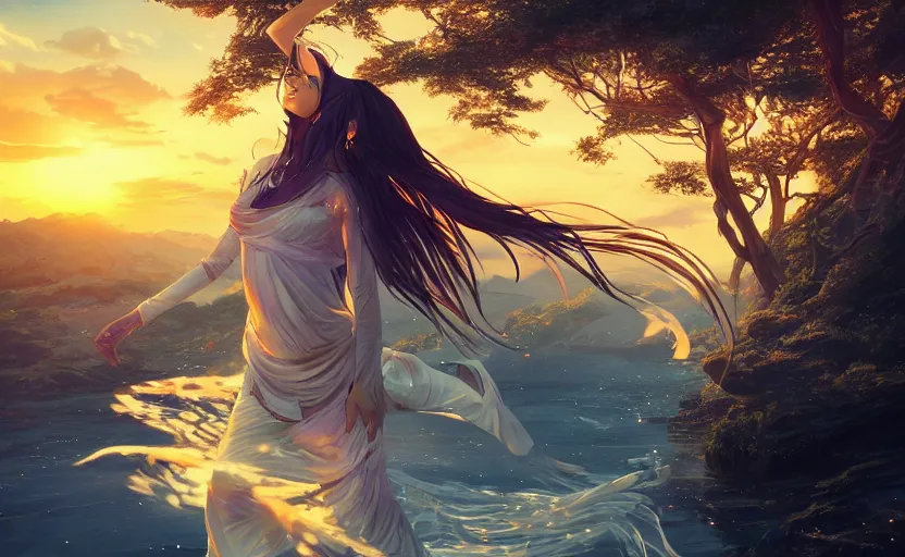 Image similar to Himalayan priestess dancing on water, beautiful flowing fabric, sunset, dramatic angle, 8k hdr pixiv dslr photo by Makoto Shinkai rossdraws and Wojtek Fus