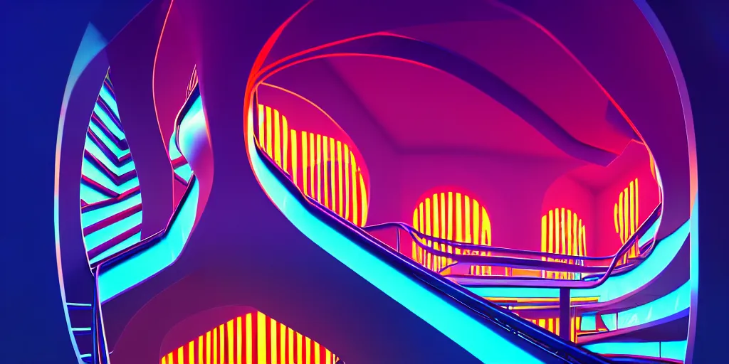 Prompt: spiral lines, minimalistic, extreme wide angle, curved perspective, digital art, subsurface scattering, indoor casino staircase, by anton fadeev, lorax movie, cotton candy smoke, artstation, neon lights