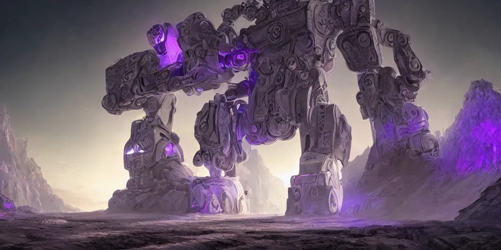 Image similar to a digital painting of a big robot made of white stone, purple crystal inlays, wow kyrian style, by jonas de ro and samwise didier, keeping the entrance of a sanctum, crystals enlight the scene, view is centered on the robot, cinematic lights, at dawn, unreal engine, attestation, deviantart
